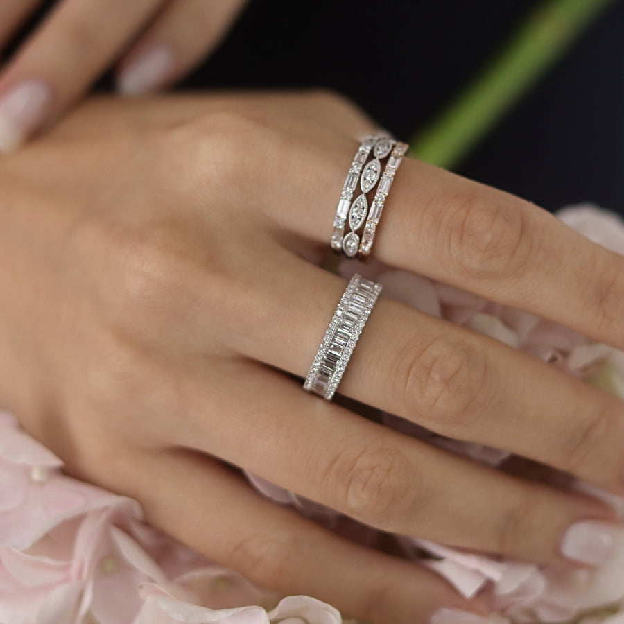 CHERRA White Gold Baguette and Round Diamond Ring
